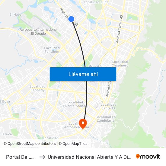 Portal De La 80 to Universidad Nacional Abierta Y A Distancia map