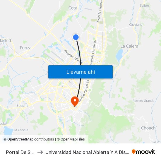 Portal De Suba to Universidad Nacional Abierta Y A Distancia map