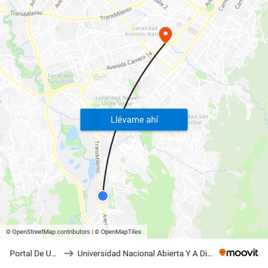 Portal De Usme to Universidad Nacional Abierta Y A Distancia map