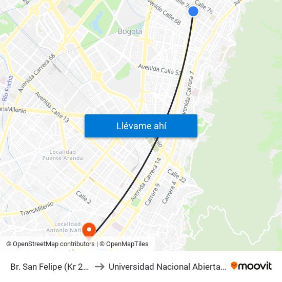 Br. San Felipe (Kr 20a - Cl 74) to Universidad Nacional Abierta Y A Distancia map