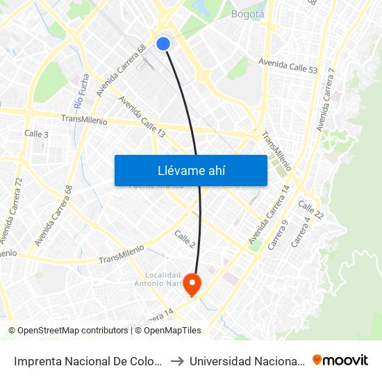 Imprenta Nacional De Colombia (Av. Esperanza - Kr 66) to Universidad Nacional Abierta Y A Distancia map