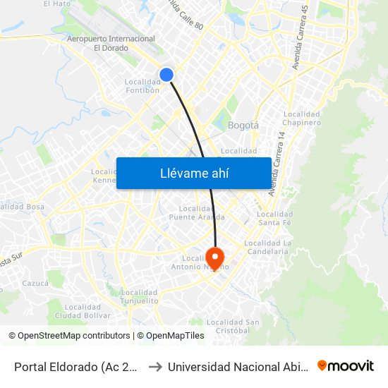 Portal Eldorado (Ac 26 - Av. C. De Cali) to Universidad Nacional Abierta Y A Distancia map