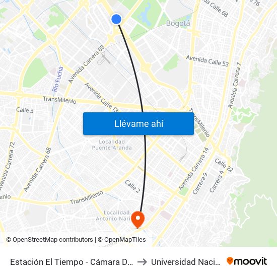 Estación El Tiempo - Cámara De Comercio De Bogotá (Ac 26 - Kr 68b Bis) to Universidad Nacional Abierta Y A Distancia map