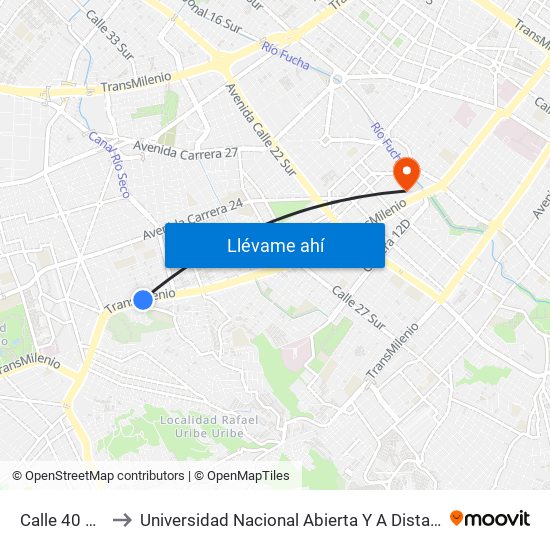 Calle 40 Sur to Universidad Nacional Abierta Y A Distancia map
