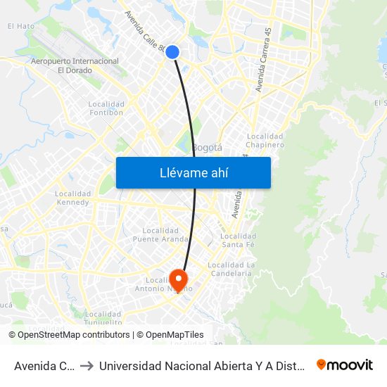 Avenida Cali to Universidad Nacional Abierta Y A Distancia map