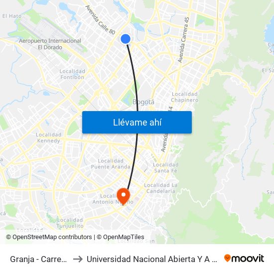 Granja - Carrera 77 to Universidad Nacional Abierta Y A Distancia map