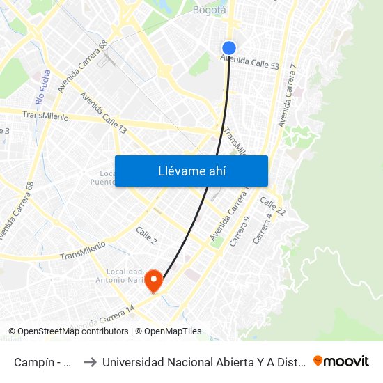 Campín - Uan to Universidad Nacional Abierta Y A Distancia map