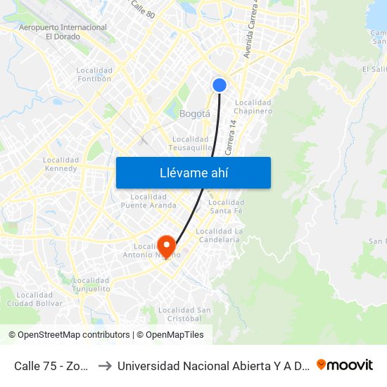 Calle 75 - Zona M to Universidad Nacional Abierta Y A Distancia map