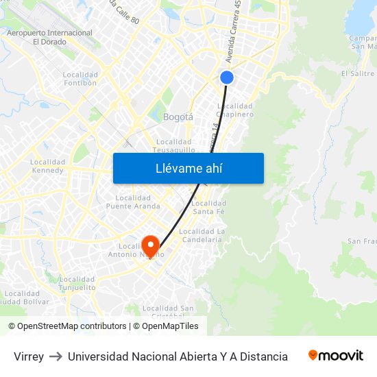 Virrey to Universidad Nacional Abierta Y A Distancia map