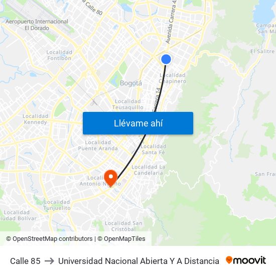 Calle 85 to Universidad Nacional Abierta Y A Distancia map