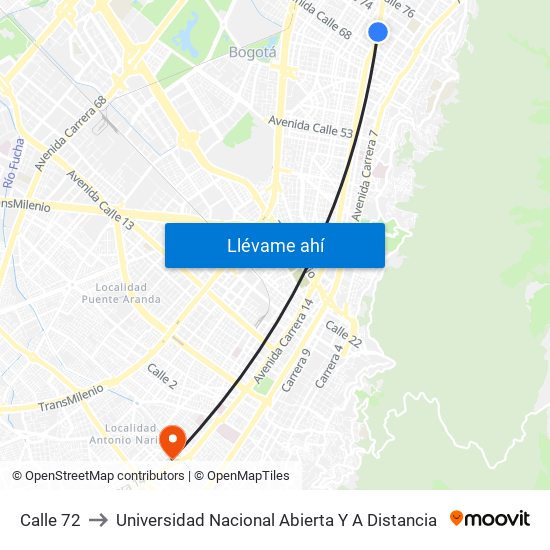 Calle 72 to Universidad Nacional Abierta Y A Distancia map