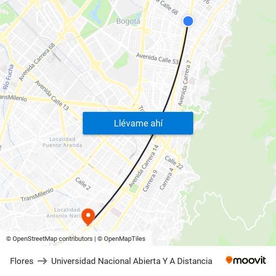 Flores to Universidad Nacional Abierta Y A Distancia map