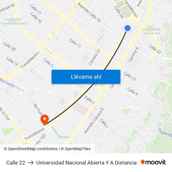 Calle 22 to Universidad Nacional Abierta Y A Distancia map