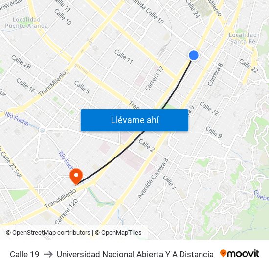 Calle 19 to Universidad Nacional Abierta Y A Distancia map