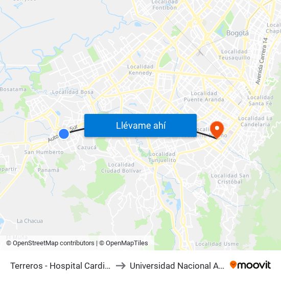 Terreros - Hospital Cardiovascular (Lado Sur) to Universidad Nacional Abierta Y A Distancia map