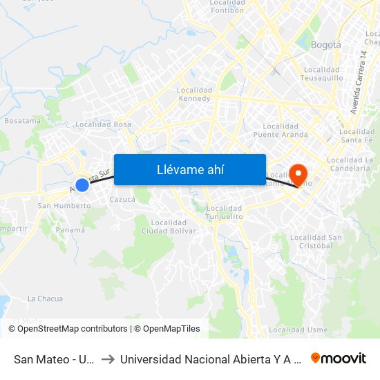 San Mateo - Unisur to Universidad Nacional Abierta Y A Distancia map