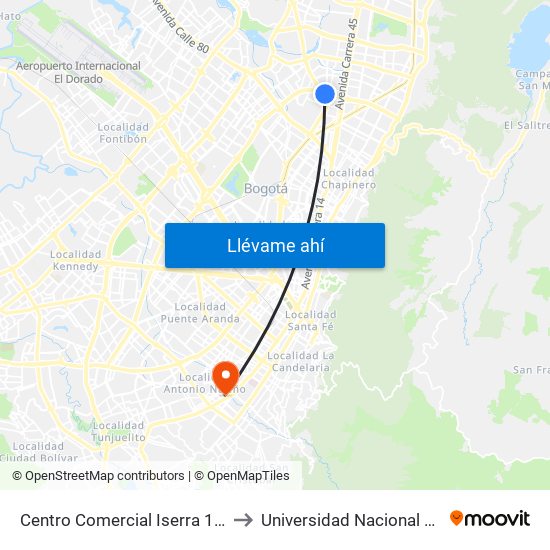 Centro Comercial Iserra 100 (Ac 100 - Kr 54) (B) to Universidad Nacional Abierta Y A Distancia map