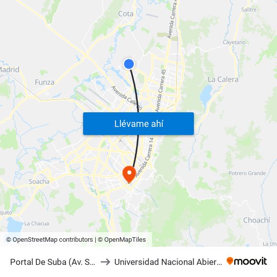 Portal De Suba (Av. Suba - Kr 106) to Universidad Nacional Abierta Y A Distancia map