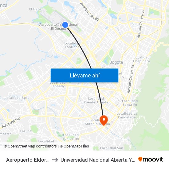 Aeropuerto Eldorado (B) to Universidad Nacional Abierta Y A Distancia map