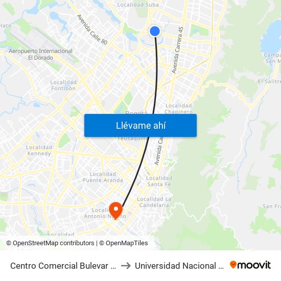 Centro Comercial Bulevar Niza (Ac 127 - Av. Suba) to Universidad Nacional Abierta Y A Distancia map