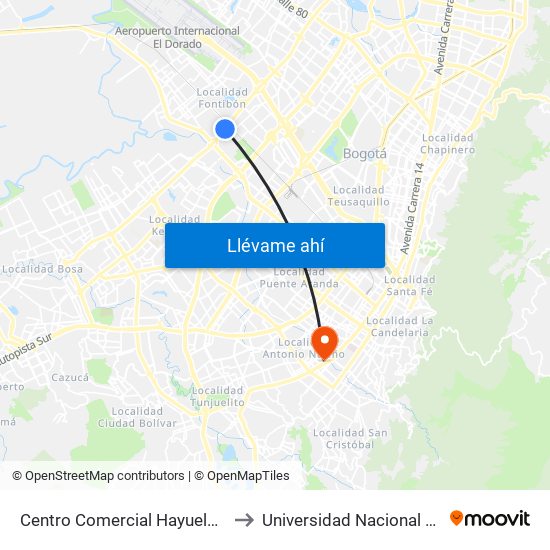 Centro Comercial Hayuelos (Av. C. De Cali - Cl 20) to Universidad Nacional Abierta Y A Distancia map