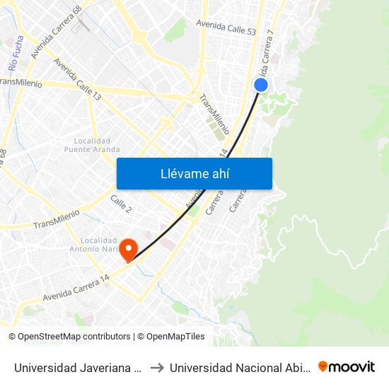 Universidad Javeriana (Ak 7 - Cl 40) (B) to Universidad Nacional Abierta Y A Distancia map