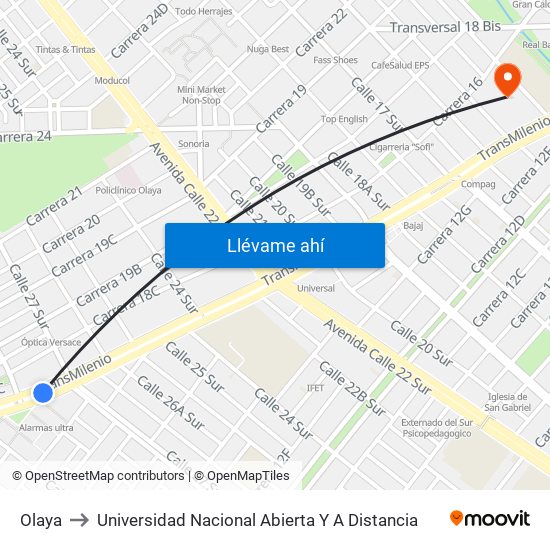 Olaya to Universidad Nacional Abierta Y A Distancia map