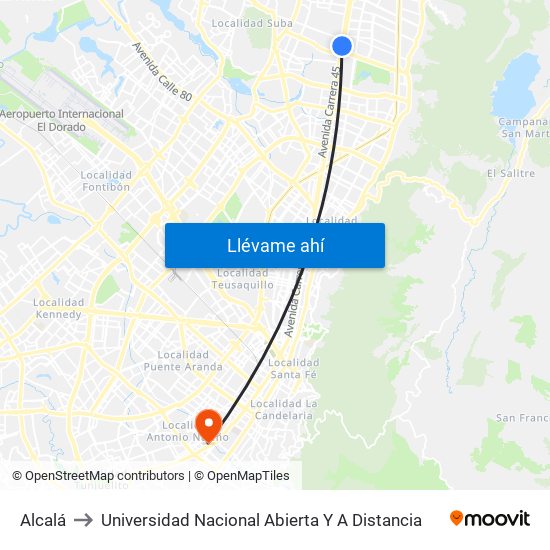 Alcalá to Universidad Nacional Abierta Y A Distancia map