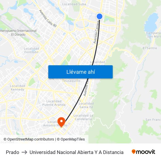 Prado to Universidad Nacional Abierta Y A Distancia map