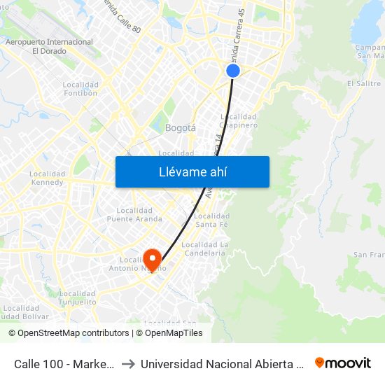 Calle 100 - Marketmedios to Universidad Nacional Abierta Y A Distancia map