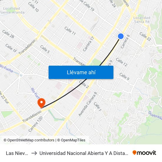 Las Nieves to Universidad Nacional Abierta Y A Distancia map