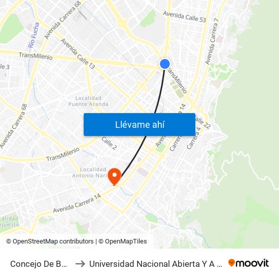 Concejo De Bogotá to Universidad Nacional Abierta Y A Distancia map