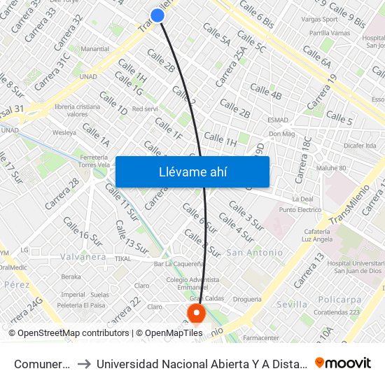 Comuneros to Universidad Nacional Abierta Y A Distancia map