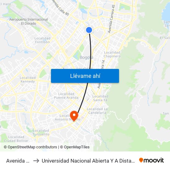 Avenida 68 to Universidad Nacional Abierta Y A Distancia map