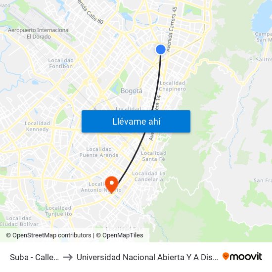 Suba - Calle 95 to Universidad Nacional Abierta Y A Distancia map