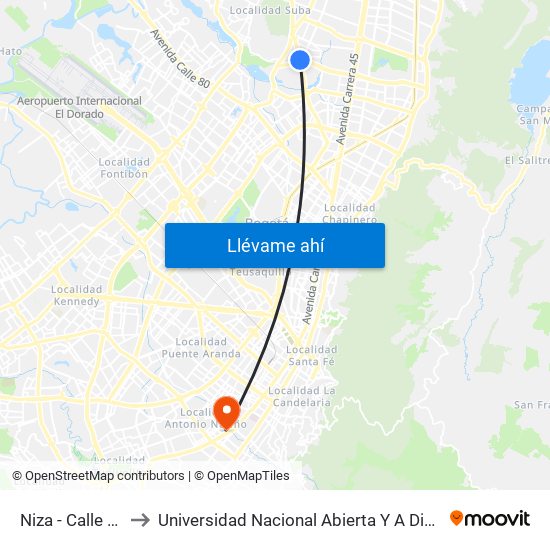 Niza - Calle 127 to Universidad Nacional Abierta Y A Distancia map