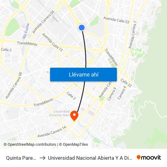 Quinta Paredes to Universidad Nacional Abierta Y A Distancia map