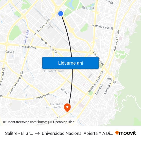 Salitre - El Greco to Universidad Nacional Abierta Y A Distancia map