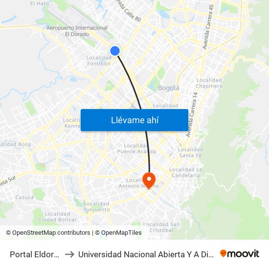 Portal Eldorado to Universidad Nacional Abierta Y A Distancia map