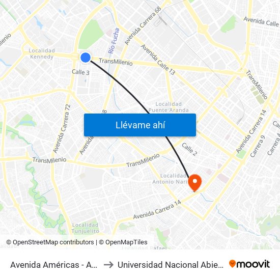 Avenida Américas - Avenida Boyacá to Universidad Nacional Abierta Y A Distancia map