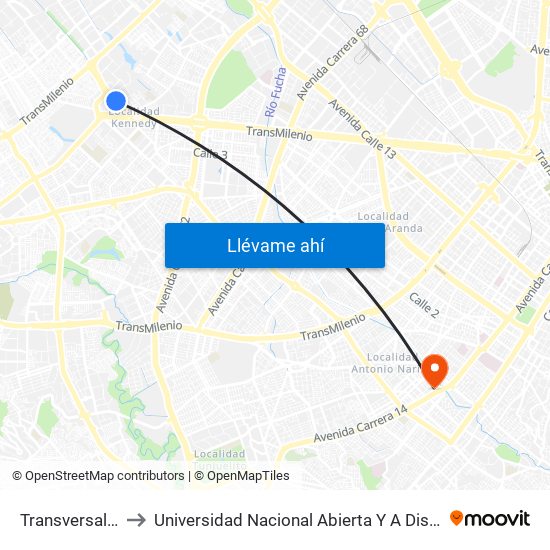 Transversal 86 to Universidad Nacional Abierta Y A Distancia map