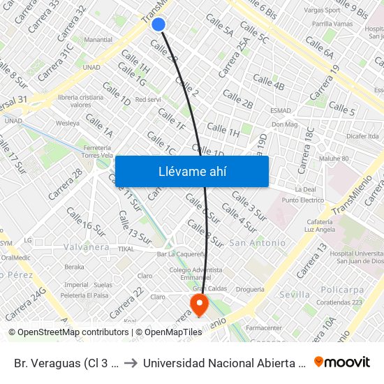 Br. Veraguas (Cl 3 - Kr 29a) to Universidad Nacional Abierta Y A Distancia map