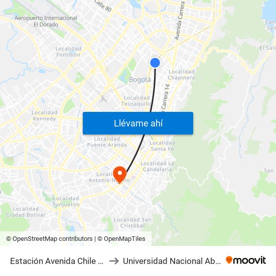 Estación Avenida Chile (Av. NQS - Cl 71c) to Universidad Nacional Abierta Y A Distancia map