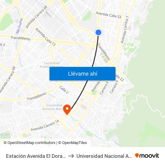 Estación Avenida El Dorado (Av. NQS - Cl 40a) to Universidad Nacional Abierta Y A Distancia map