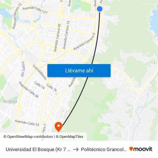 Universidad El Bosque (Kr 7 Bis - Cl 131) to Politécnico Grancolombiano map