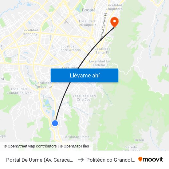 Portal De Usme (Av. Caracas - Cl 64 Sur) to Politécnico Grancolombiano map