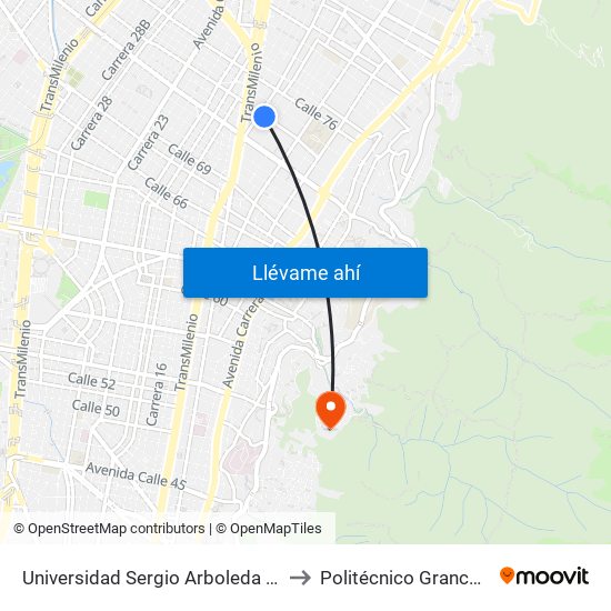 Universidad Sergio Arboleda (Cl 74 - Kr 13) to Politécnico Grancolombiano map