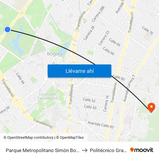 Parque Metropolitano Simón Bolívar (Ak 68 - Cl 49a) (B) to Politécnico Grancolombiano map