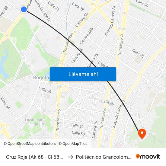 Cruz Roja (Ak 68 - Cl 68b) (D) to Politécnico Grancolombiano map