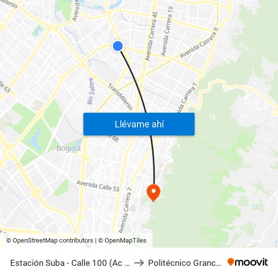 Estación Suba - Calle 100 (Ac 100 - Kr 62) (C) to Politécnico Grancolombiano map